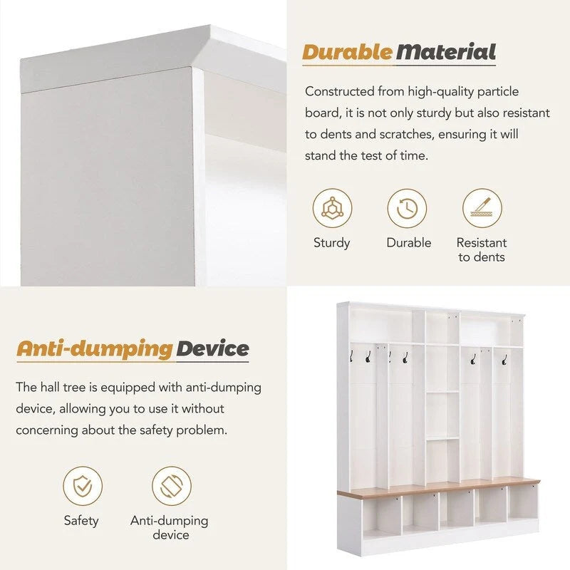 66.9 W Hall Tree with Storage Bench,Cube Storage,Shelves and 8 Hooks