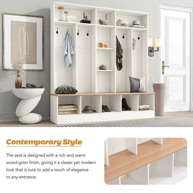 66.9 W Hall Tree with Storage Bench,Cube Storage,Shelves and 8 Hooks