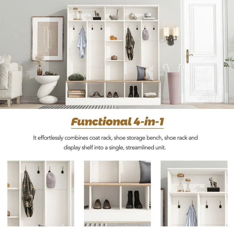 66.9 W Hall Tree with Storage Bench,Cube Storage,Shelves and 8 Hooks